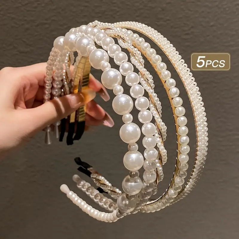 

Elegant 5-piece Headband Set For Women - Minimalist Style Dress-up Hairbands With Rhinestone Accents And Imitation Pearl Embellishments, Solid Color Plastic Material