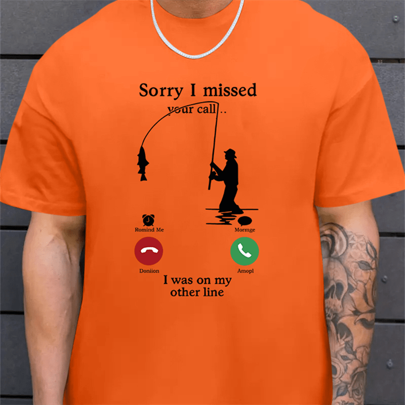 

Fishing & Missed Your Call Print Tops, Plus Size Men's T-shirt, Summer Trendy Casual Short Sleeve Tees, Outdoor Sports Clothing, Big & Tall Guys, Leisurewear