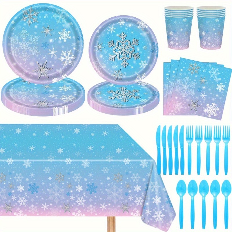 

Snowflake Party Pack: Festive Plates, Cups, And Tableware For Winter Celebrations - Includes 16 Plates, 16 Cups, 16 Forks, 16 Knives, 16 Spoons, And A 108" Tablecloth