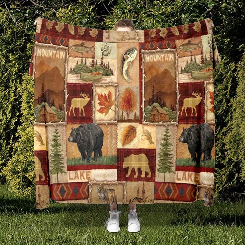 

Rustic Brown Vintage Wilderness Bear And Deer Patchwork Art Flannel Throw Blanket - Polyester 100%, Ideal For Office Chair, Seasonal Use