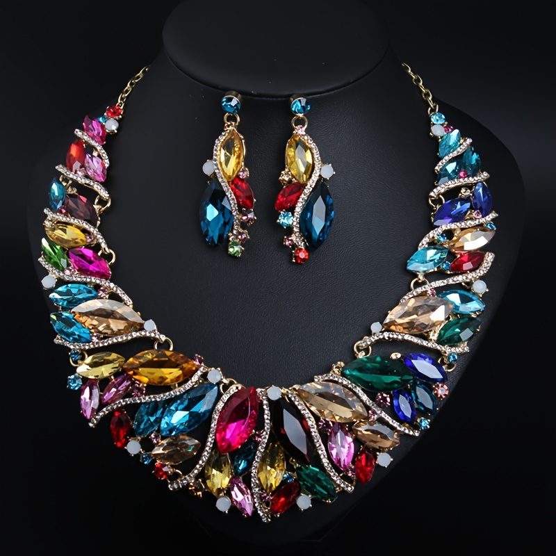 

Elegant Necklace And Earrings Set, Rhinestone Inlaid, Bridal Party Jewelry, Vintage Style, Retro Luxury Statement Jewelry