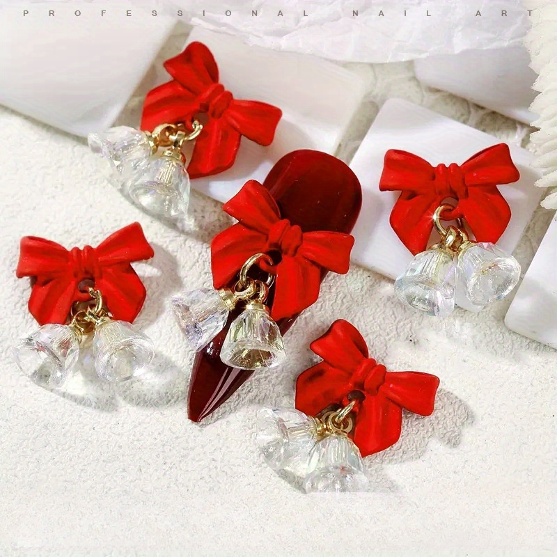 

6pcs Christmas Bell & Red Bowknot Nail Art Charms, Festive Charms For Jewelry, Earring, Bracelets, Necklace Making, Diy Accessories Pendants