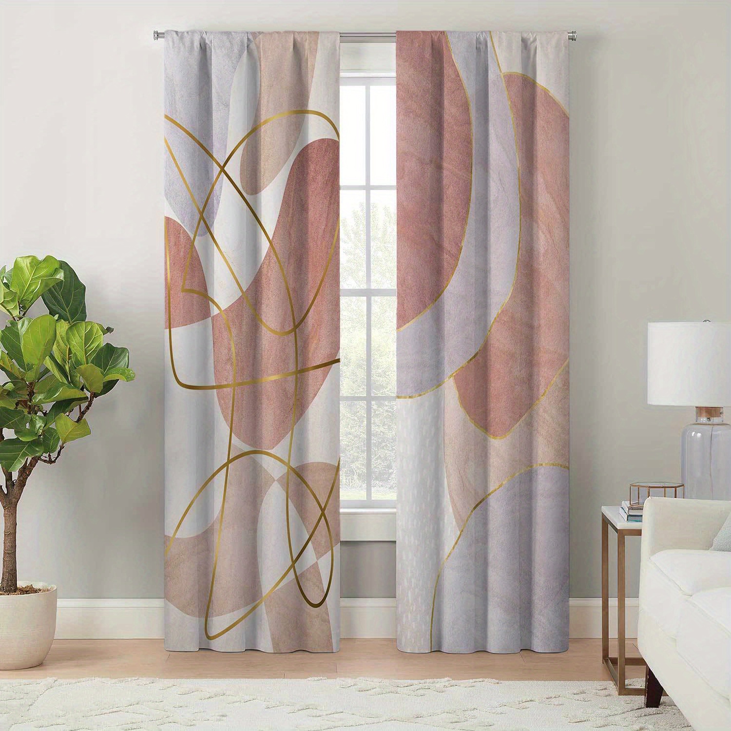 

Bohemian Jacquard Living Room Curtains - Elegant Geometric Print Polyester Drapes With Tie Back, Machine Washable Pastoral Theme, Durable & Easy To Hang For Decor