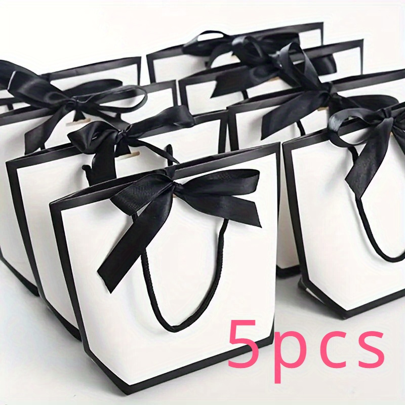 TEMU Gift For Her/him 5pcs Ribbon Bow White Cardboard Paper Tote Gift Bags With Handles Shopping Party Wedding Party Birthday Retail Bags