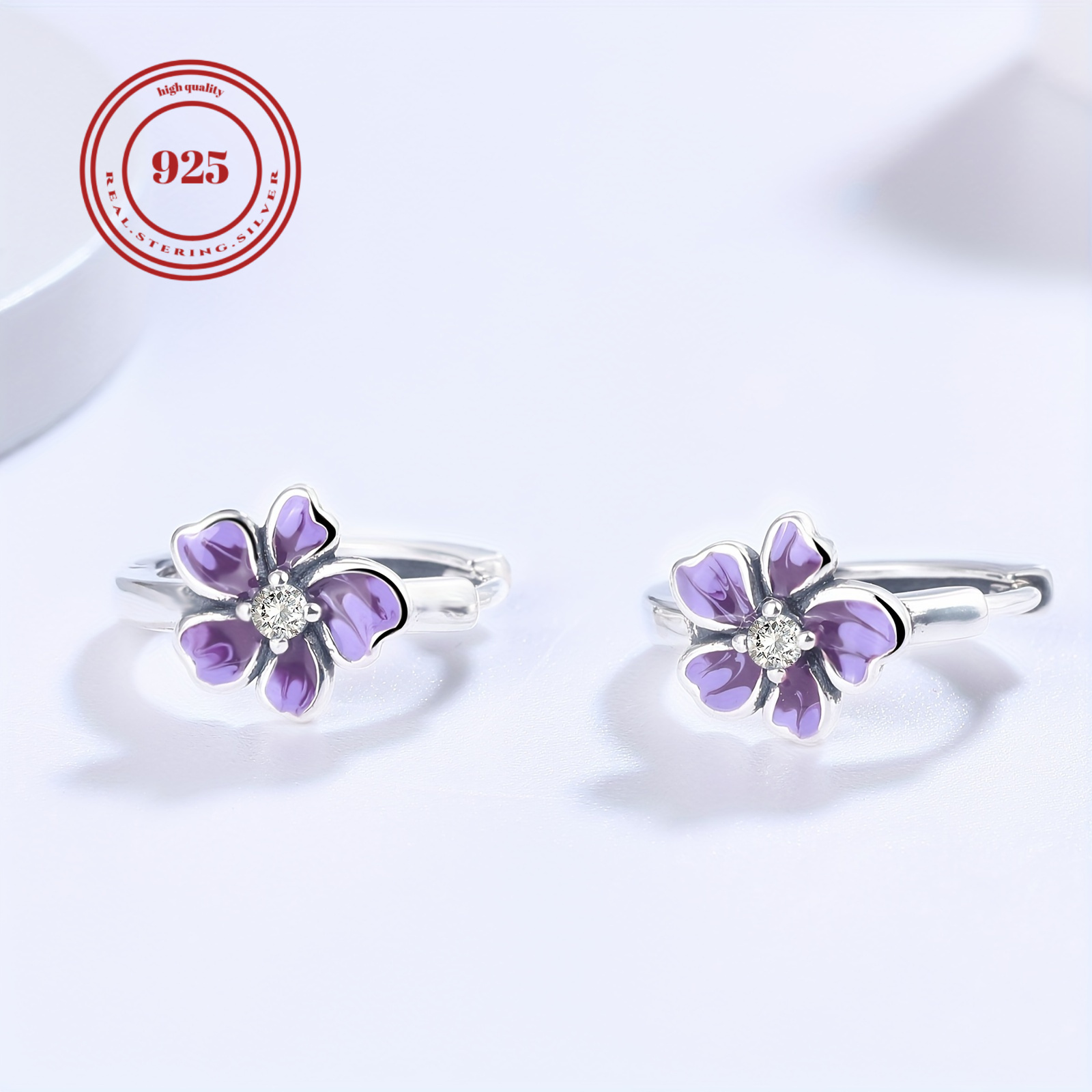 

1pair 925 Sterling Silver Cute Cubic Zirconia & Purple Flower Decor Hoop Earrings For Daily Decoration.1.9g/0.07oz