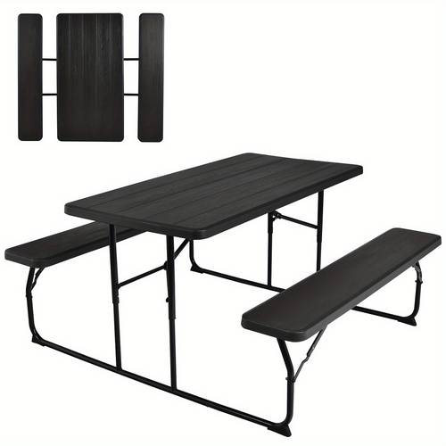 2 in 1 folding picnic table and bench set with wood like texture heavy duty hdpe tabletop space saving modern outdoor indoor furniture 385lb capacity rust resistant black patio set for camping backyard balcony easy foldable design ideal for family small spaces picnic table outdoor folding camping table folding table ft portable folding table patio table outdoor outdoor folding table foldable table portable camping table foldable