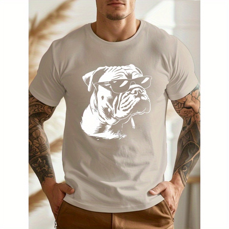 

Cool Bulldog With Sunglasses Illustration Print Tee Shirt, Tees For Men, Casual Short Sleeve T-shirt For Summer