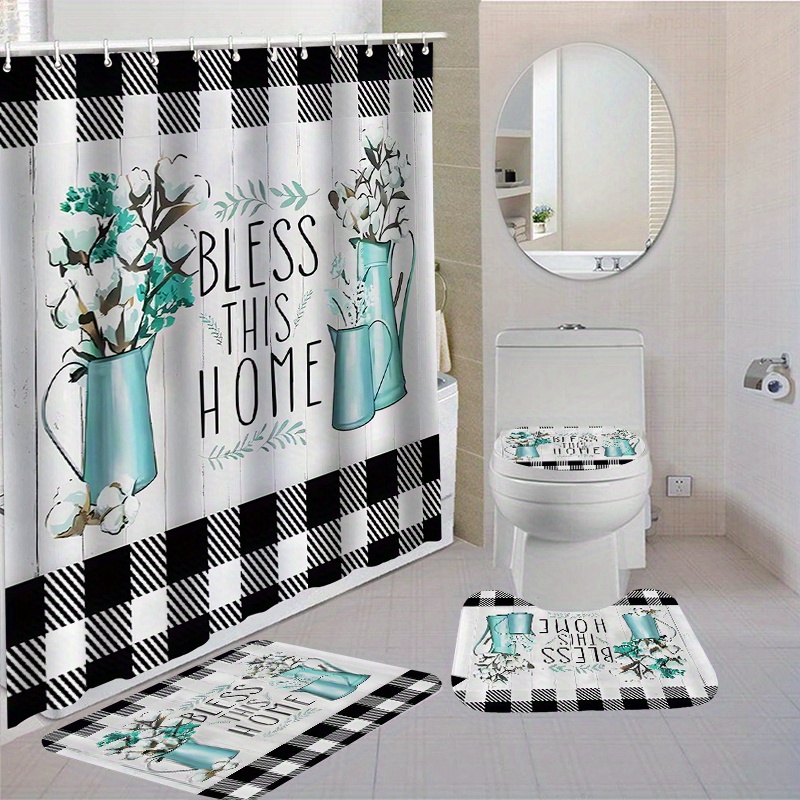 

bless This Home" Bathroom Shower Curtain Set With 12 Hooks: Includes Toilet Seat Cover, Bath Mats, And Rugs - Waterproof, Non-slip, And Washable