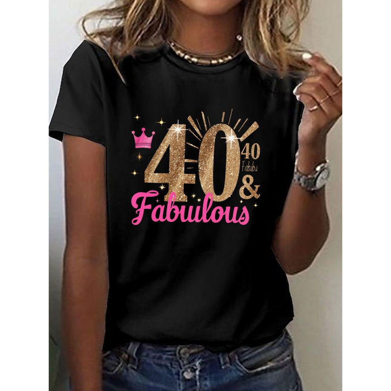 

1pc Women's 40th Birthday T-shirt - Casual Crew Neck Short Sleeve Top With Geometric Pattern, Polyester 95% Spandex 5% Knit Fabric, Regular Length - All Fashion