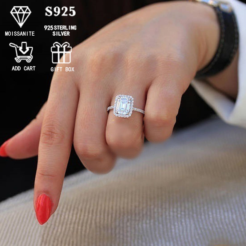 925 sterling silver plated moissanite engagement ring for women 2 carat emerald cut promise ring hypoallergenic wedding band with certificate and gift box classic   for valentines day details 4