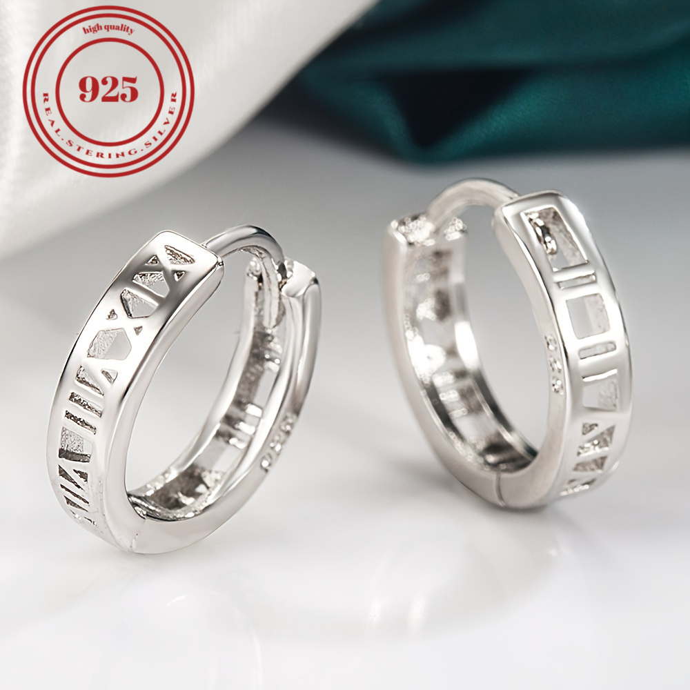 

S925 Silver Hypoallergenic Hollow Roman Numeral Design Hoop Earrings Earrings Simple Style For Daily Casual.1.1g/0.04oz