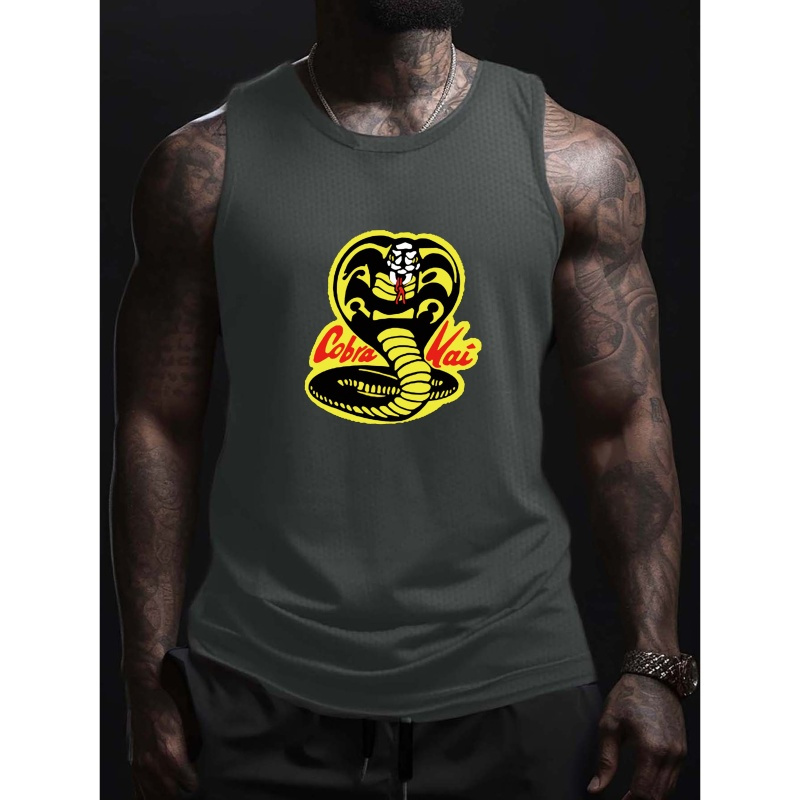 

Plus Size Men's Hissing Cobra Pattern And Letter Print Crew Neck Tank Top, Novel And Stylish Sports Vest For Summer Outdoors And Sports Wear