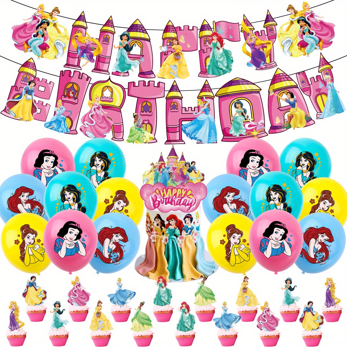 

Disney Princess Themed Birthday Party Decoration Supplies Set With Banner, Latex Balloons, Large & Small Cake Toppers, Princess Figurines - Ume Brand