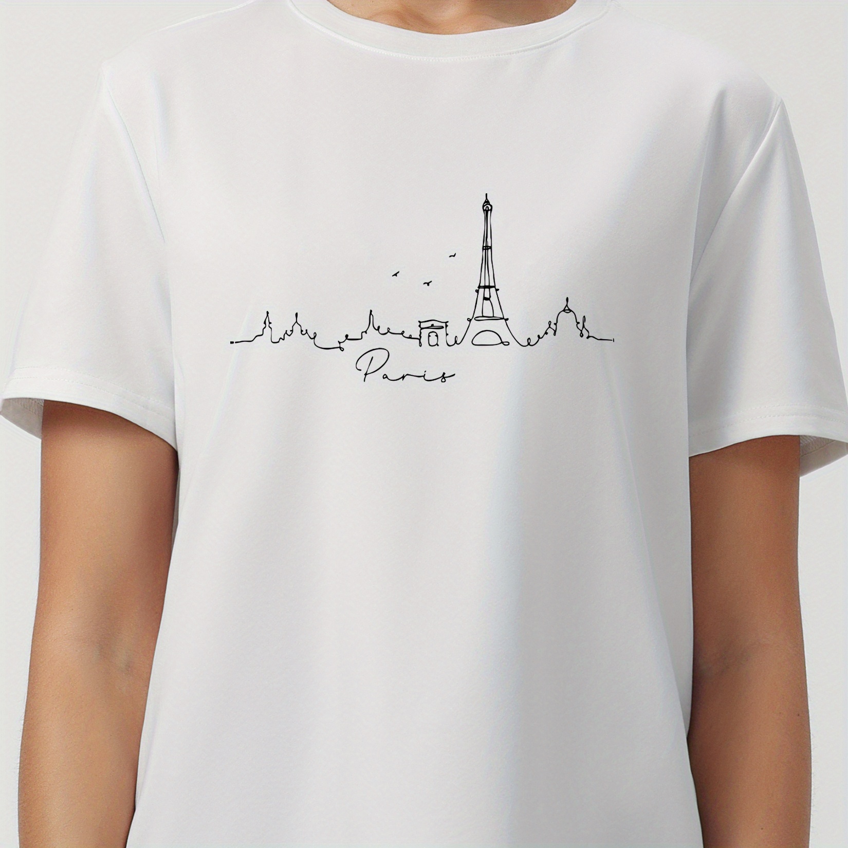 

Women's Summer Crew Neck T-shirt, Fashionable Casual Top With Tower Print, Short Sleeve Trendy Sports Tee
