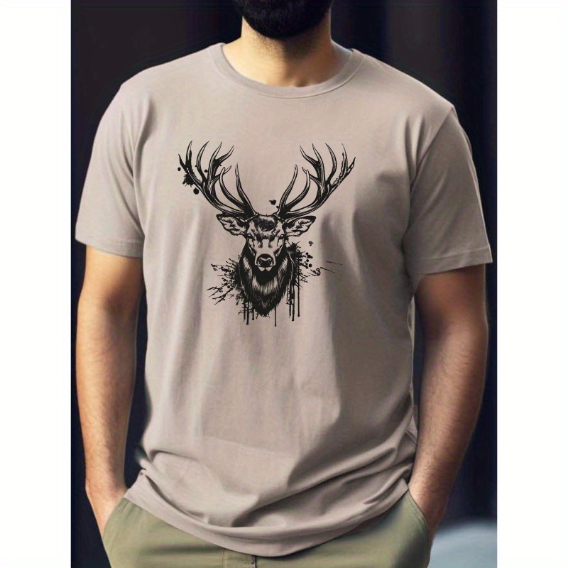 

Gothic Deer Head Graphic Print Men's Crew Neck Short Sleeve Tees, Summer Trendy T-shirt, Casual Comfortable Top For Outdoor Sports & Leisure Vacation