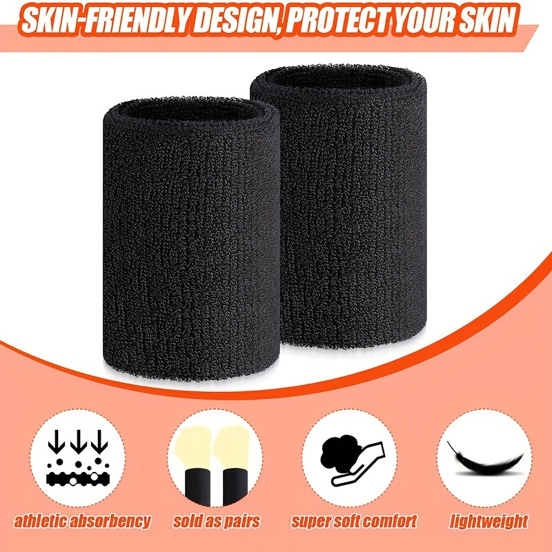 TEMU 2 Pairs Of 4 Inch Athletic Wristbands - Sweat Absorbing, Thick Cotton Blend, Suitable For Tennis, Gymnastics, And Workout