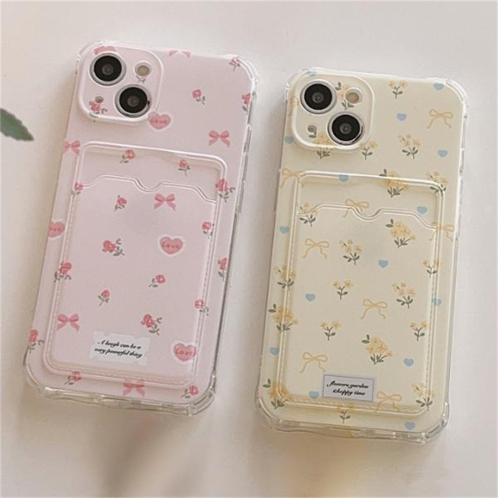 

Clear Floral Cardholder Phone Case For Iphone 15 Pro Max, 14 Plus, 13, 12, 11 Pro Max, Xr, Xs Max, X, 7 Plus/8 Plus - Durable Soft Tpu Bumper Cover With Card Slot - Transparent Protective Sleeve