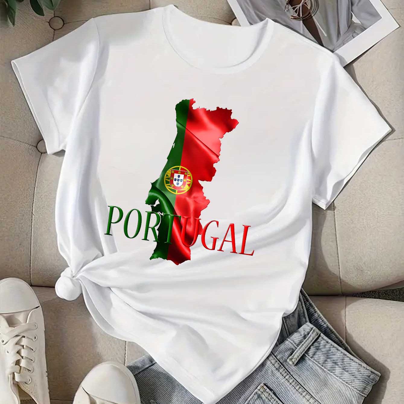 

Portugal Flag & Letter Print Casual T-shirt, Crew Neck Short Sleeves Comfy Top, Women's Activewear