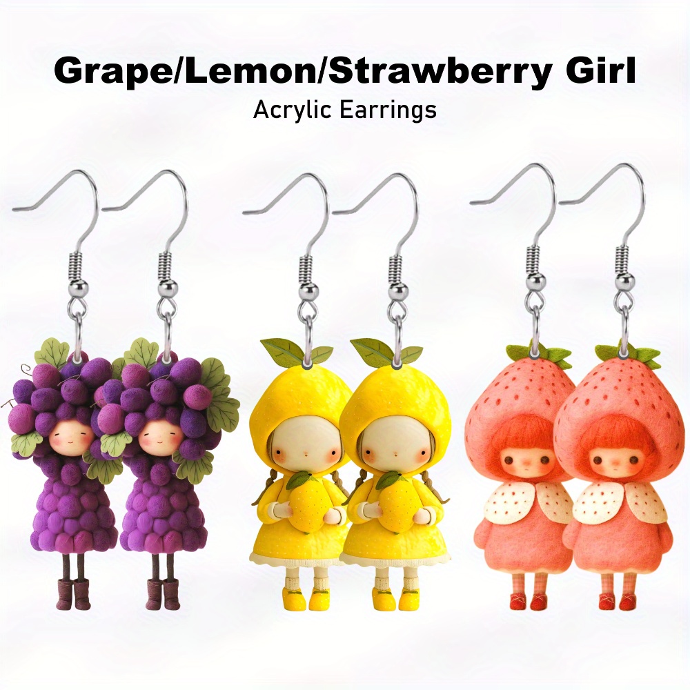 

Funky Fruit Girls Acrylic Earrings Set - 3 Pairs, Quirky & Cute Grape/lemon/strawberry Designs, Perfect Creative Gift For Women