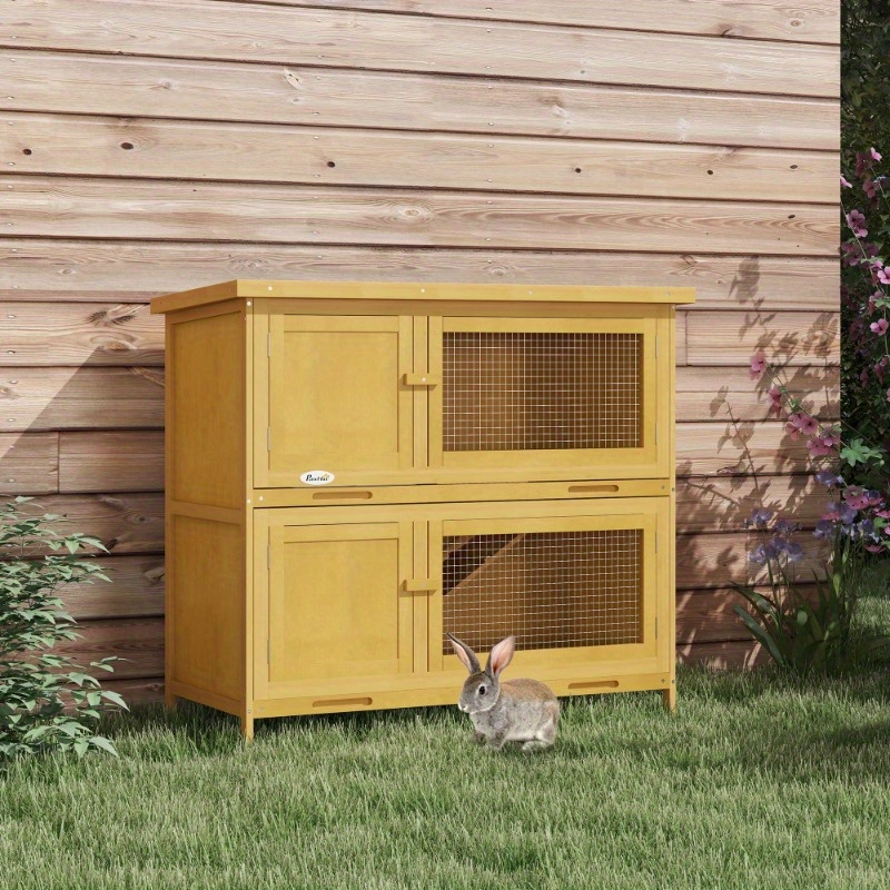 pawhut wooden rabbit hutch small animal habitat with ramp removable tray weatherproof roof for indoor outdoor use yellow 38 25 l x 17 25 w x 35 75 h