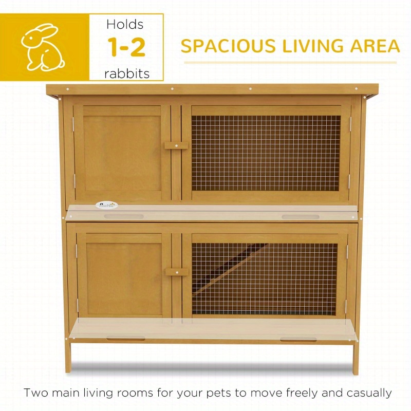 pawhut wooden rabbit hutch small animal habitat with ramp removable tray weatherproof roof for indoor outdoor use yellow 38 25 l x 17 25 w x 35 75 h