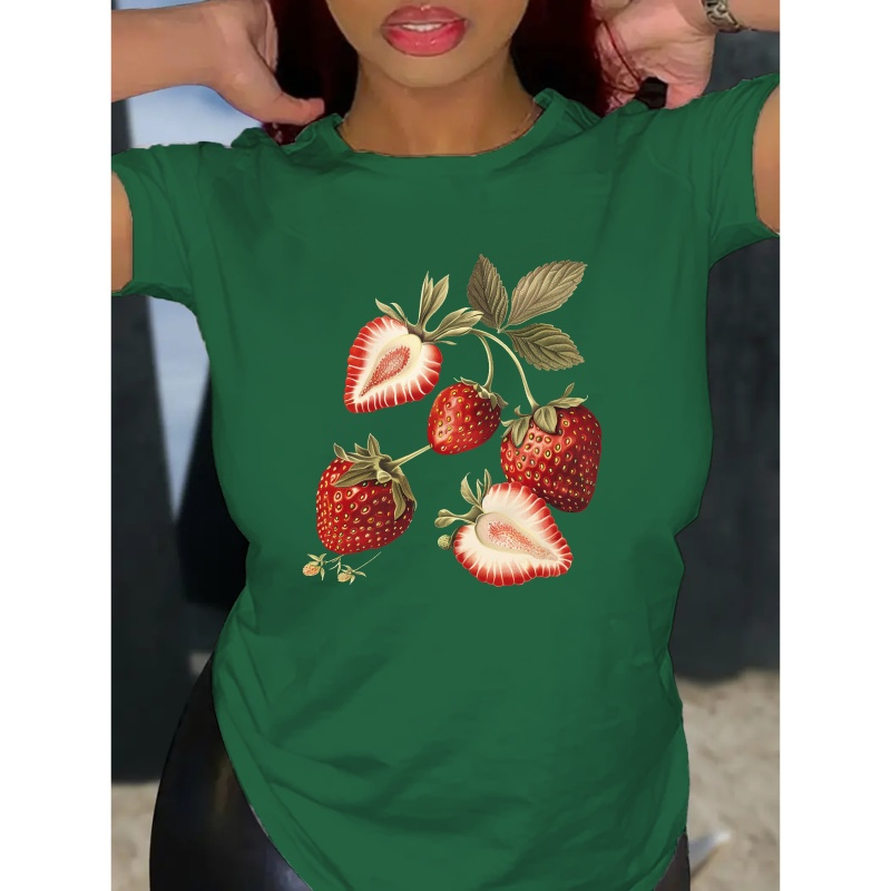 

Meticulously Detailed Strawberry Illustrations Print T-shirt, Short Sleeve Crew Neck Casual Top For Summer & Spring, Women's Clothing