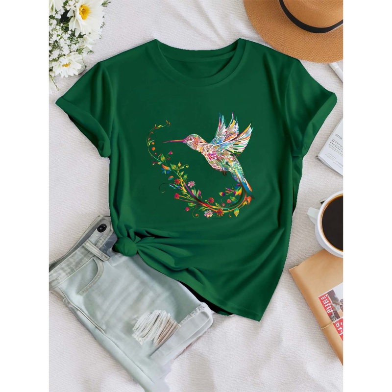 

Colorful Hummingbird Print T-shirt, Casual Crew Neck Short Sleeve T-shirt For Spring & Summer, Women's Clothing