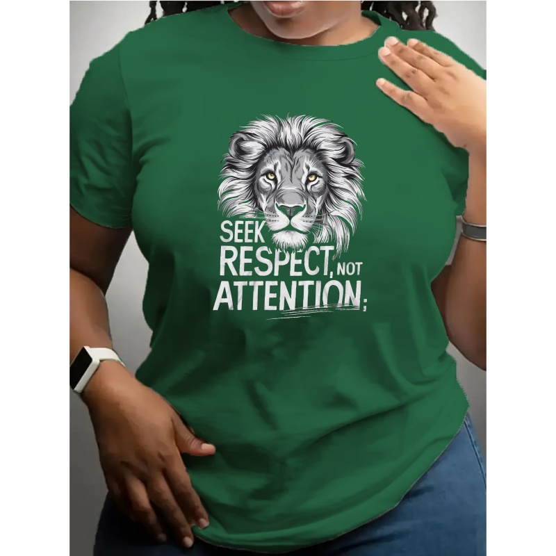 

Letter & Lion Print T-shirt, Short Sleeve Crew Neck Casual Top For Summer & Spring, Women's Clothing