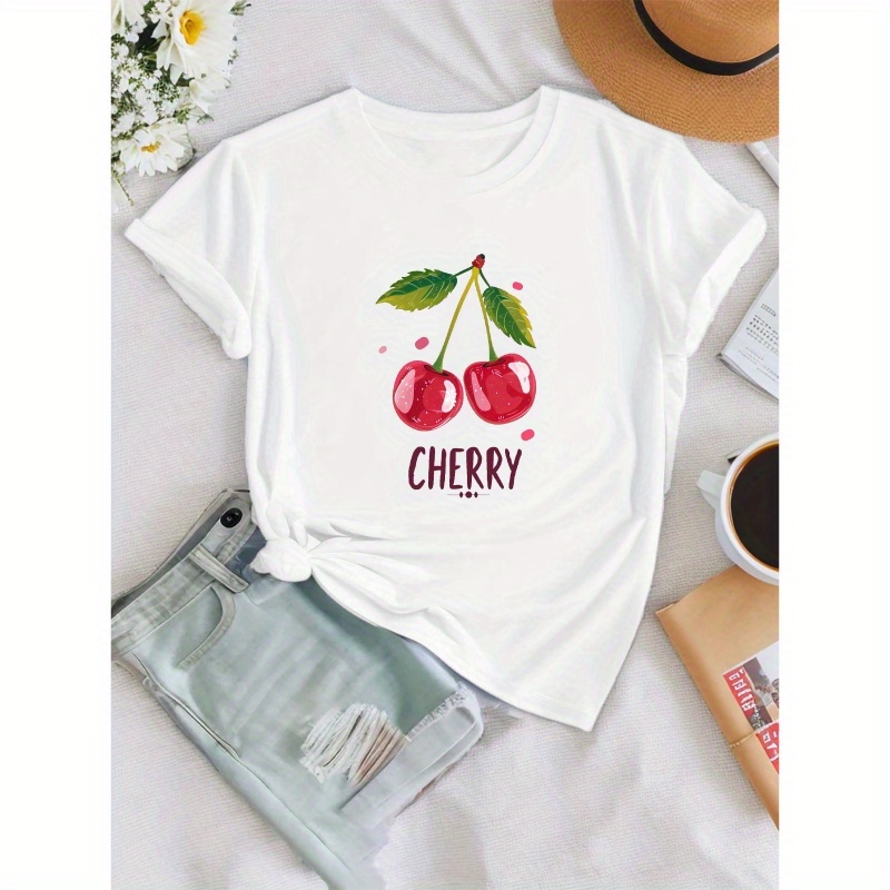 

Cherries Print T-shirt, Short Sleeve Crew Neck Casual Top For Summer & Spring, Women's Clothing