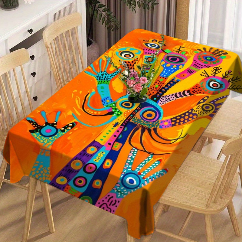 

Colorful Abstract Art Polyester Tablecloth - Waterproof, Oil-proof Woven Square Table Cover For Dining, Kitchen, Picnic, And Patio - Vibrant Printed Design, Machine Made - 1pc