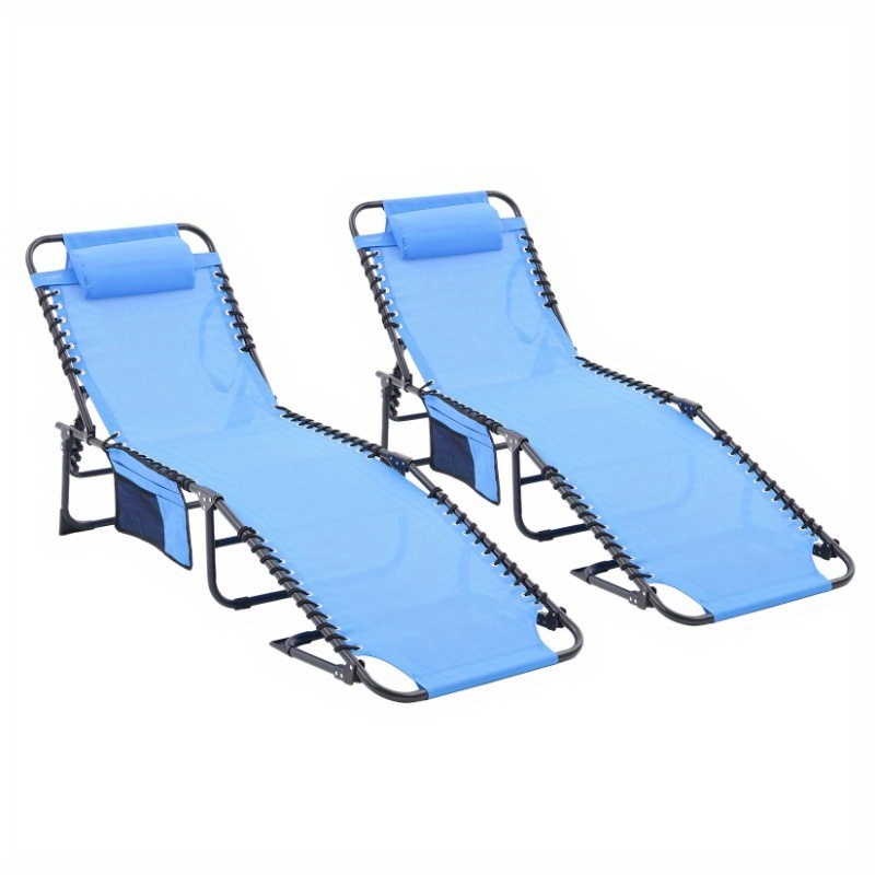 

2 Foldable Waterproof Deck Loungers, Outdoor Adjustable Reclining Tanning Chair With Pillow And Side Bag, Suitable For Lawn, Beach, Pool, Portable Camping And Sunbathing, Blue