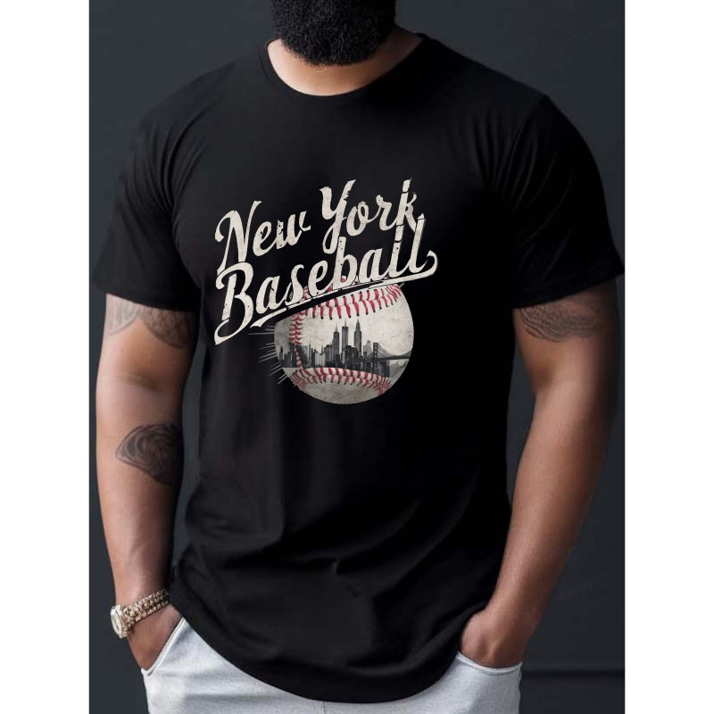 

Vintage New York Baseball Print, Men's Crew Neck Short Sleeve Tee Fashion Regular Fit T-shirt, Casual Comfy Breathable Top For Spring Summer Holiday Leisure Vacation Men's Clothing As Gift