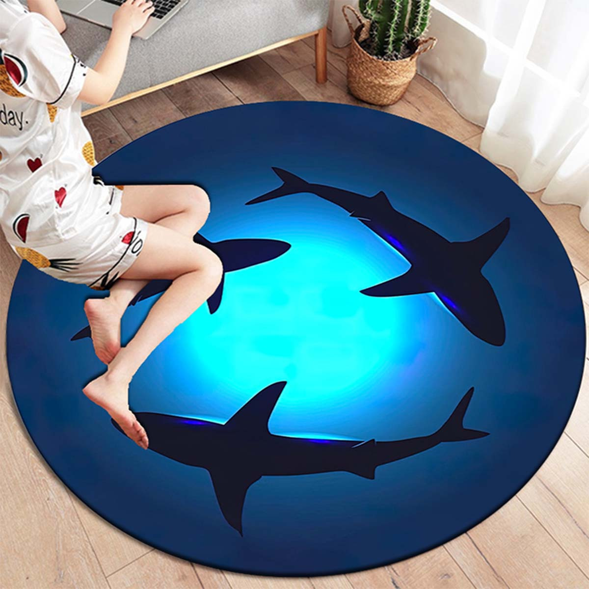 

1pc Shark Pattern Round Area Rug, Indoor Non-slip Washable Carpet, Non-shedding Mat For Bedroom Living Room Office Nursery Room, Hand Wash Only, Home Decor, Room Decor Outdoor Rug