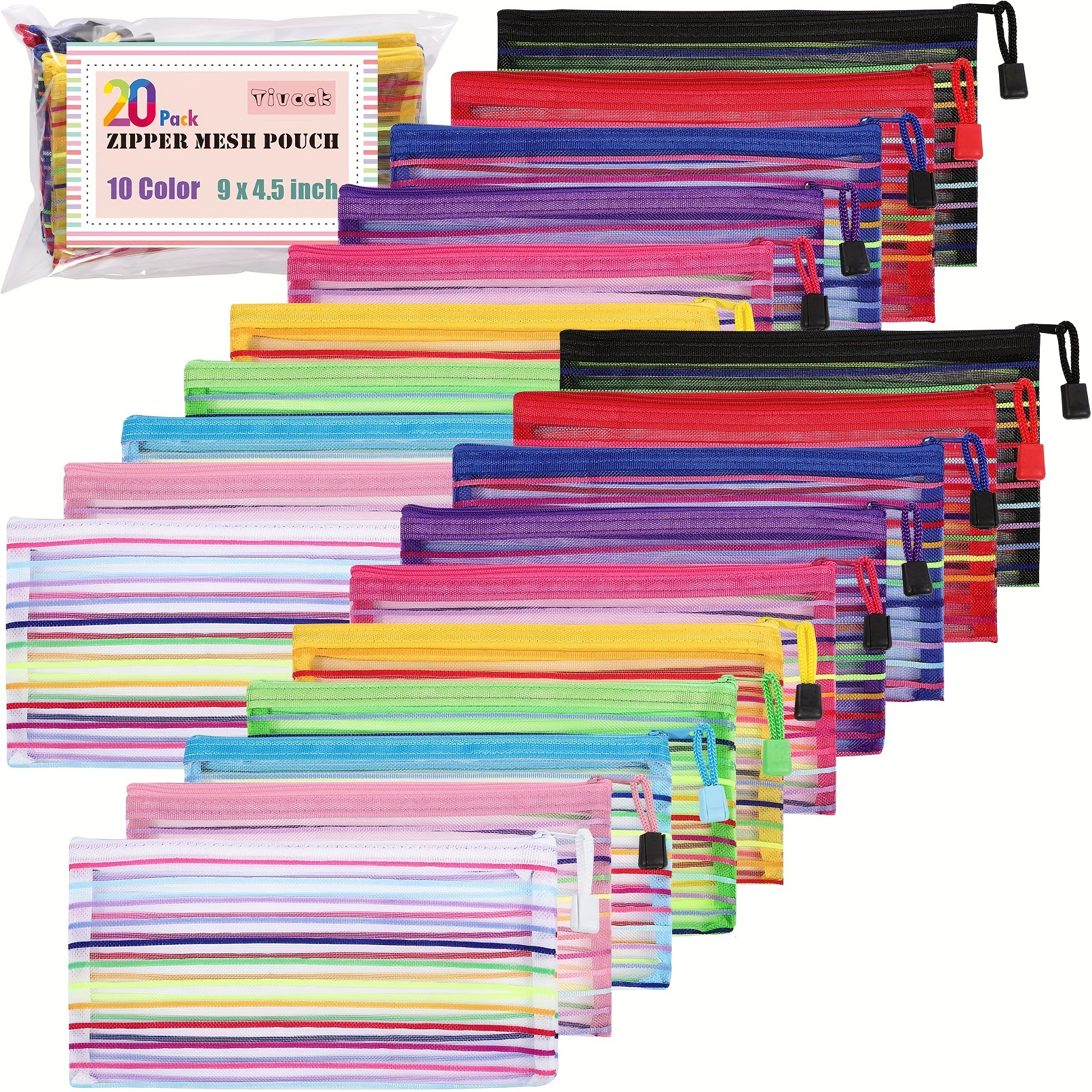 

20-piece Assorted Colors Mesh Zipper Pouches - Versatile Travel & Office Organizer Bags, 9x7 Inch Nylon Cosmetic Storage Pouches Zipper Pouch Bags Mesh Zipper Pouch Bags
