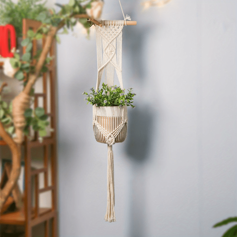 

rustic Appeal" Boho Chic Handwoven Hanging Basket For Flower Pots - Durable Twine Net, Perfect For Succulents & Home Decor