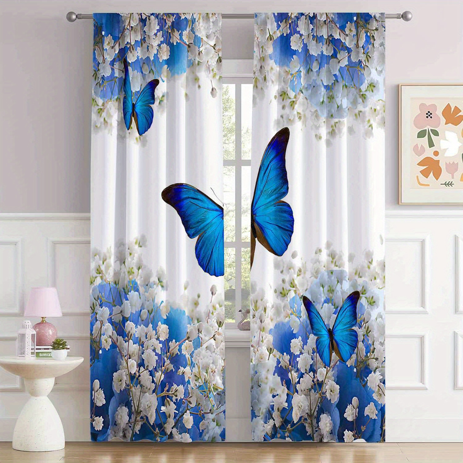 

1pc Bohemian Style Room Darkening Window Curtains Set, Vivid Blue Butterfly On Floral Background - Easy Care Durable Drapes For Living & Bedroom Seasons Charm, Easy To Hang