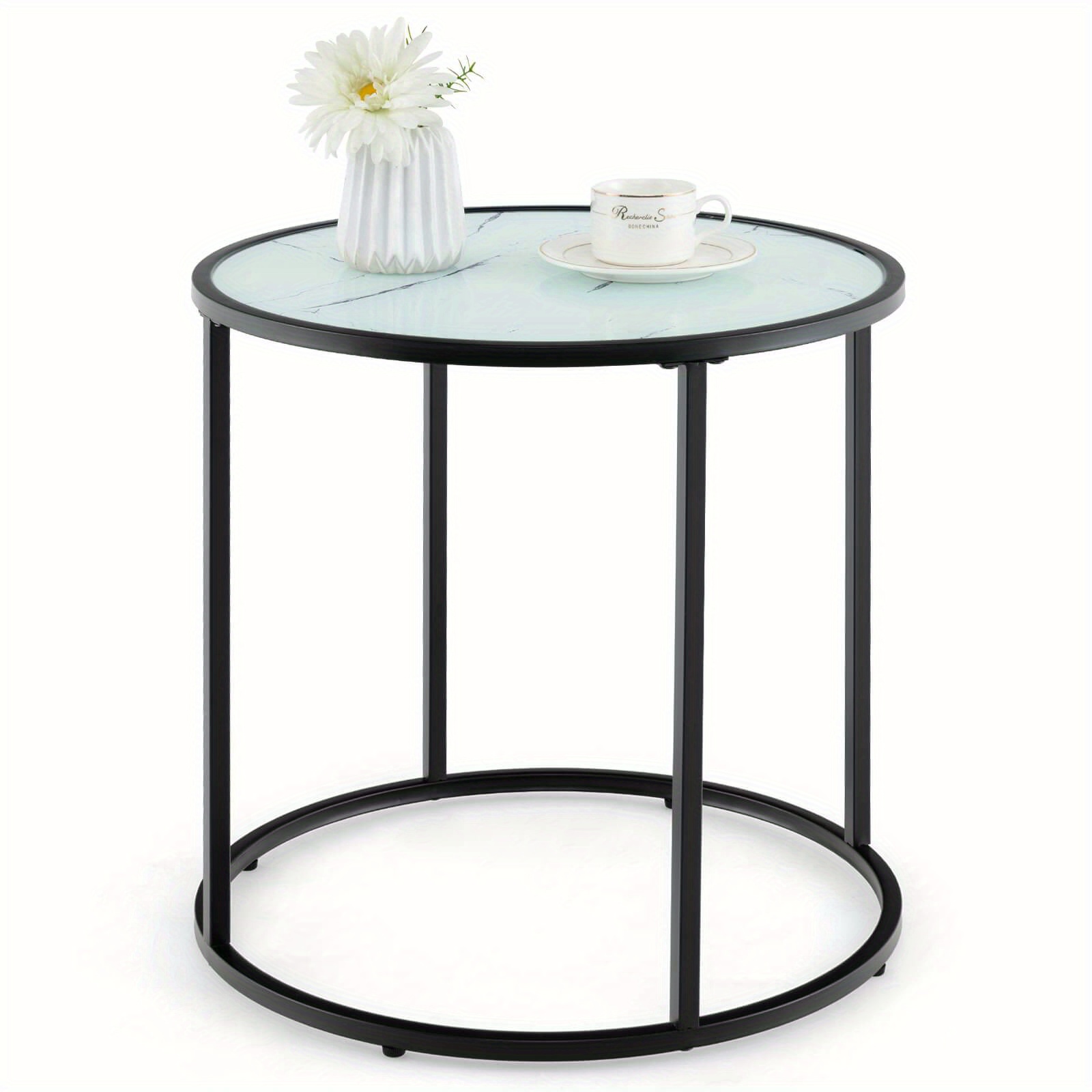 

Costway Glass End Table 20"round Side Table With Metal Frame & Faux Marble Glass Top, 1 Piece