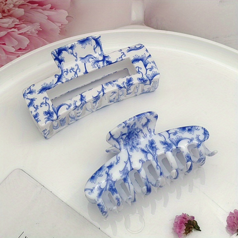

2-piece Elegant Blue & White Porcelain Print Hair Claw Clips - Large Rectangular Shark Clips For Women And Girls, Perfect Mother's Day Gift