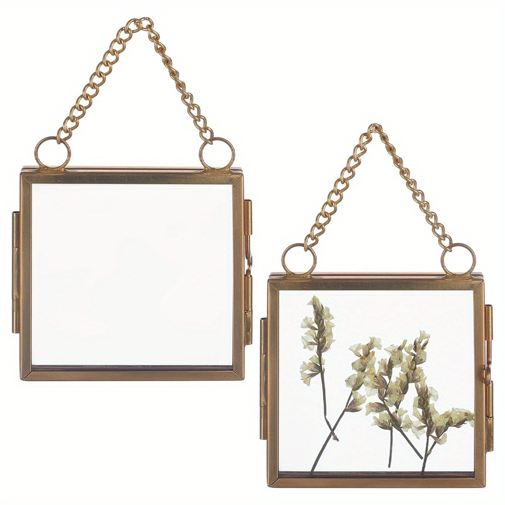 TEMU 2pcs Vintage-style Mini Hanging Photo Frames, 6x6cm Double Glass Display - Elegant Folding Hinged Design For Pressed Flowers & Pictures, Home