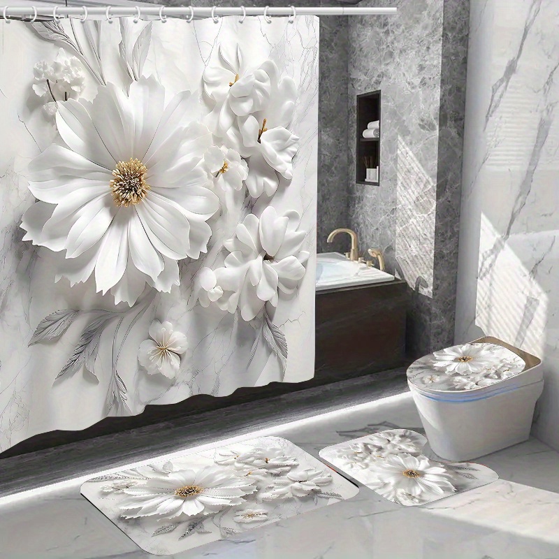 

1pc/4pcs Home Decor Waterproof Shower Curtain Sets With 12 Hooks Toilet Seat Cover Bathroom Mat Non-slip Rug Carpet Polyester Fabric Washable Curtain For Windows Bathroom Accessories
