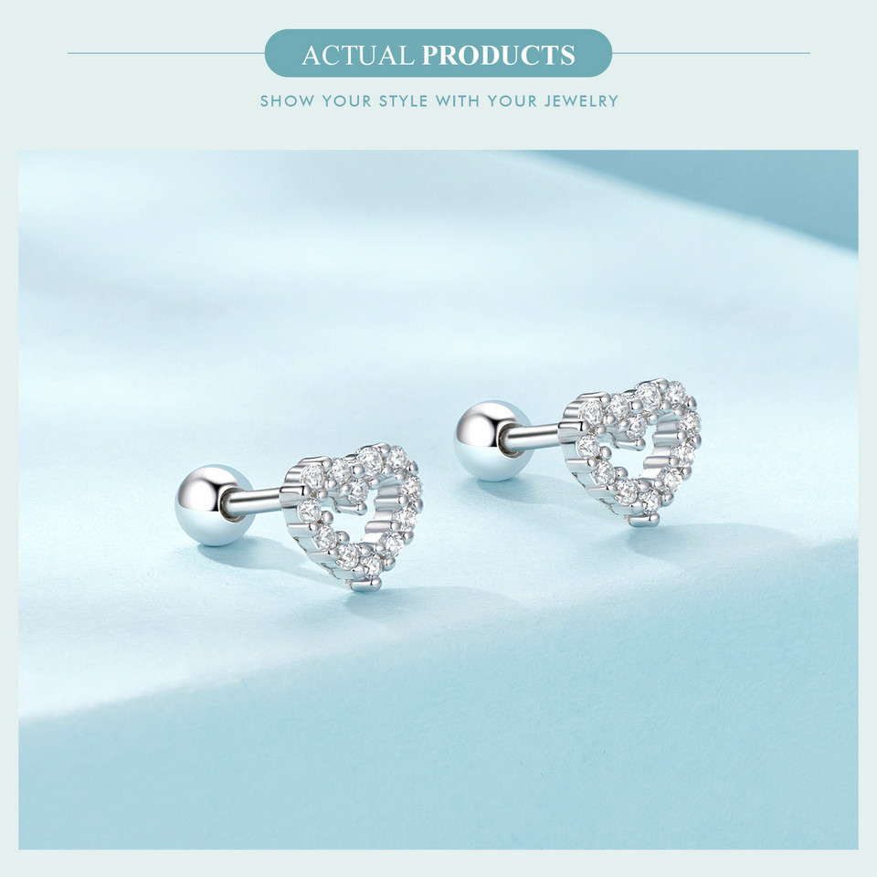 elegant heart-shaped stud earrings for women, 925 sterling silver with cubic zirconia,   weddings, parties, and gifts, threaded ball, 1.8g, fashion details 2