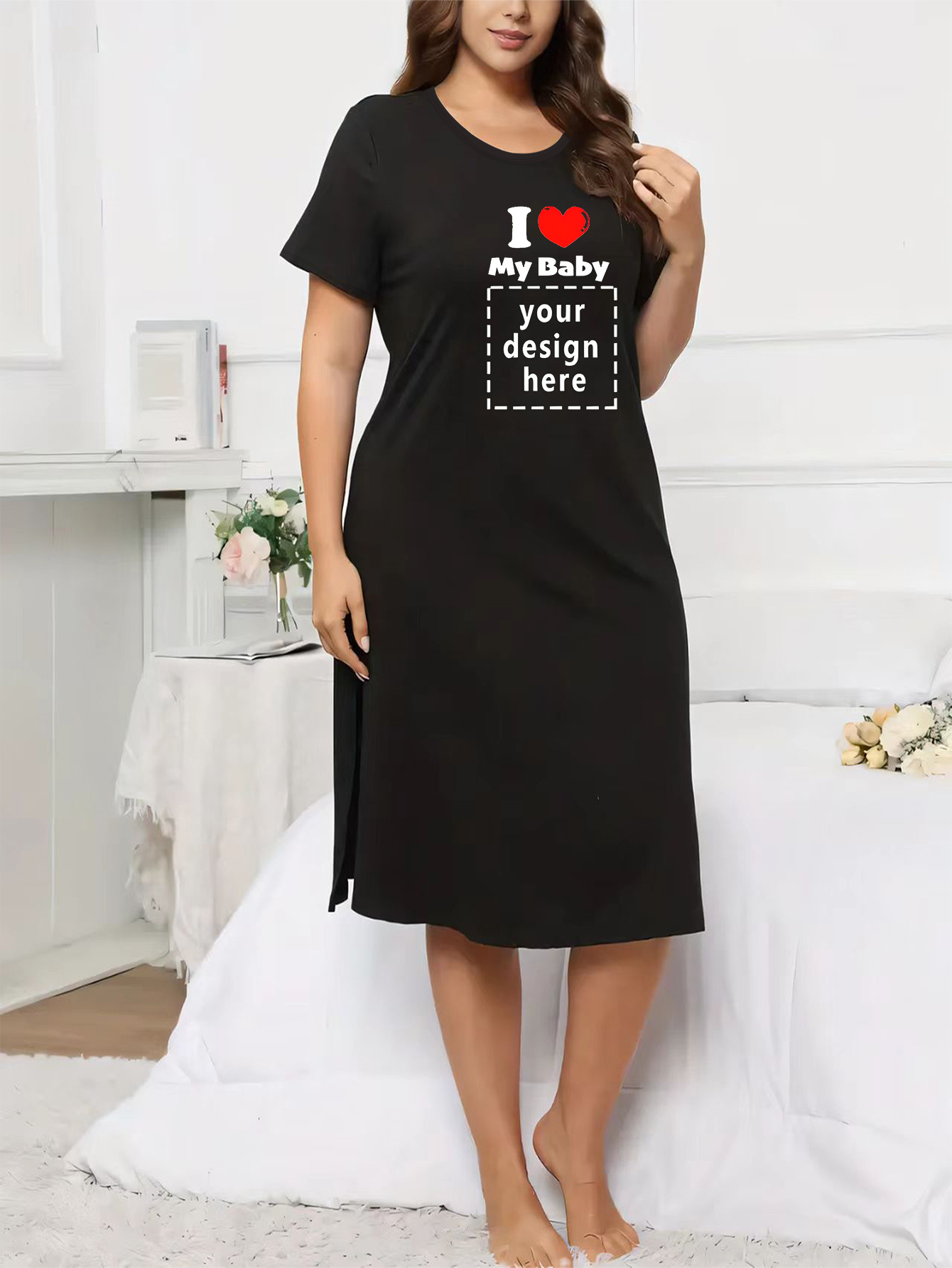 Customized Picture Women's Plus Size Casual Sleep Dress, Heart Letter  Graphic Short Sleeve Round Neck Split Nightdress
