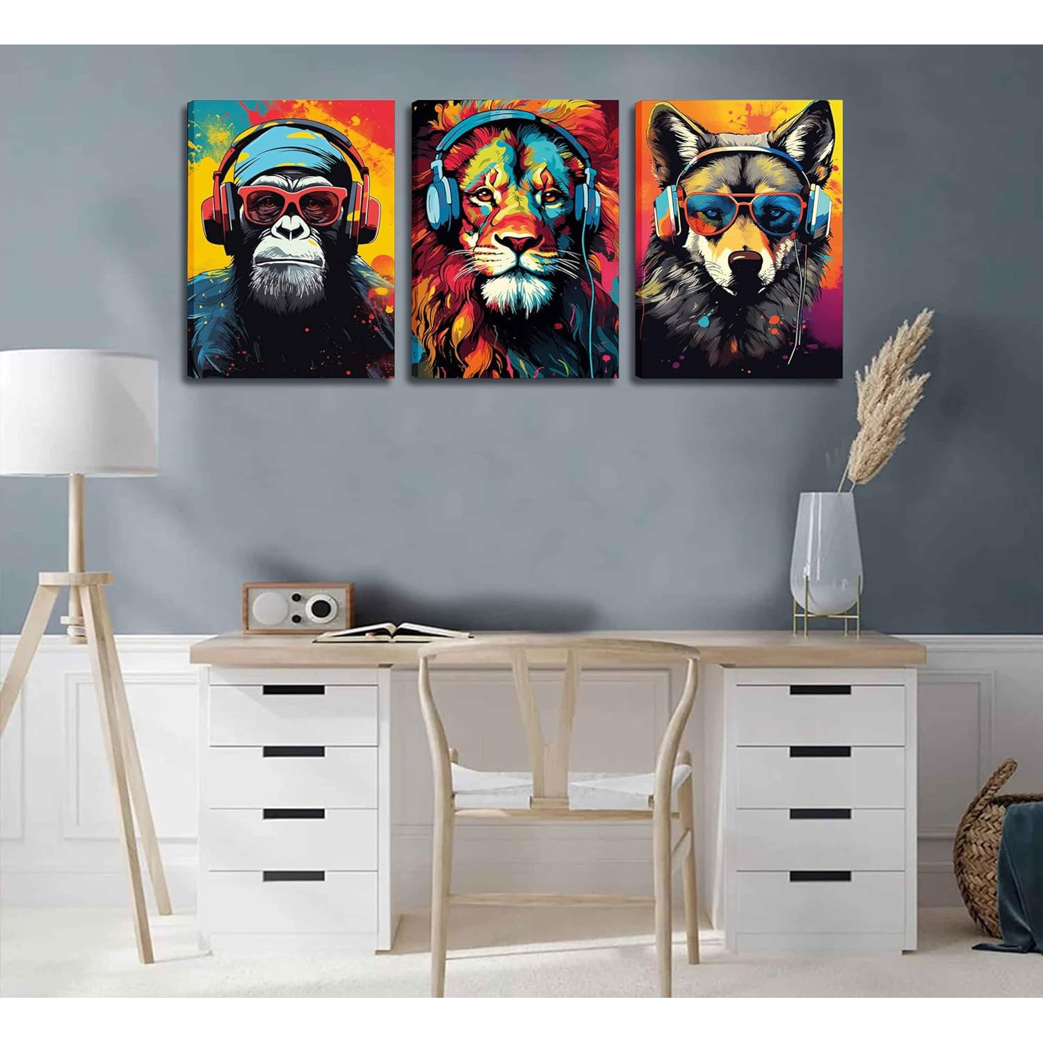 

3pcs Gaming Wall Art Animal Graffiti Posters Pictures With Headphones Sunglasses Gorilla Tiger Wolf Cool Gamer Canvas Prints Colorful Graffiti Paintings For Teens Game Boys Room Wall Decor Framed