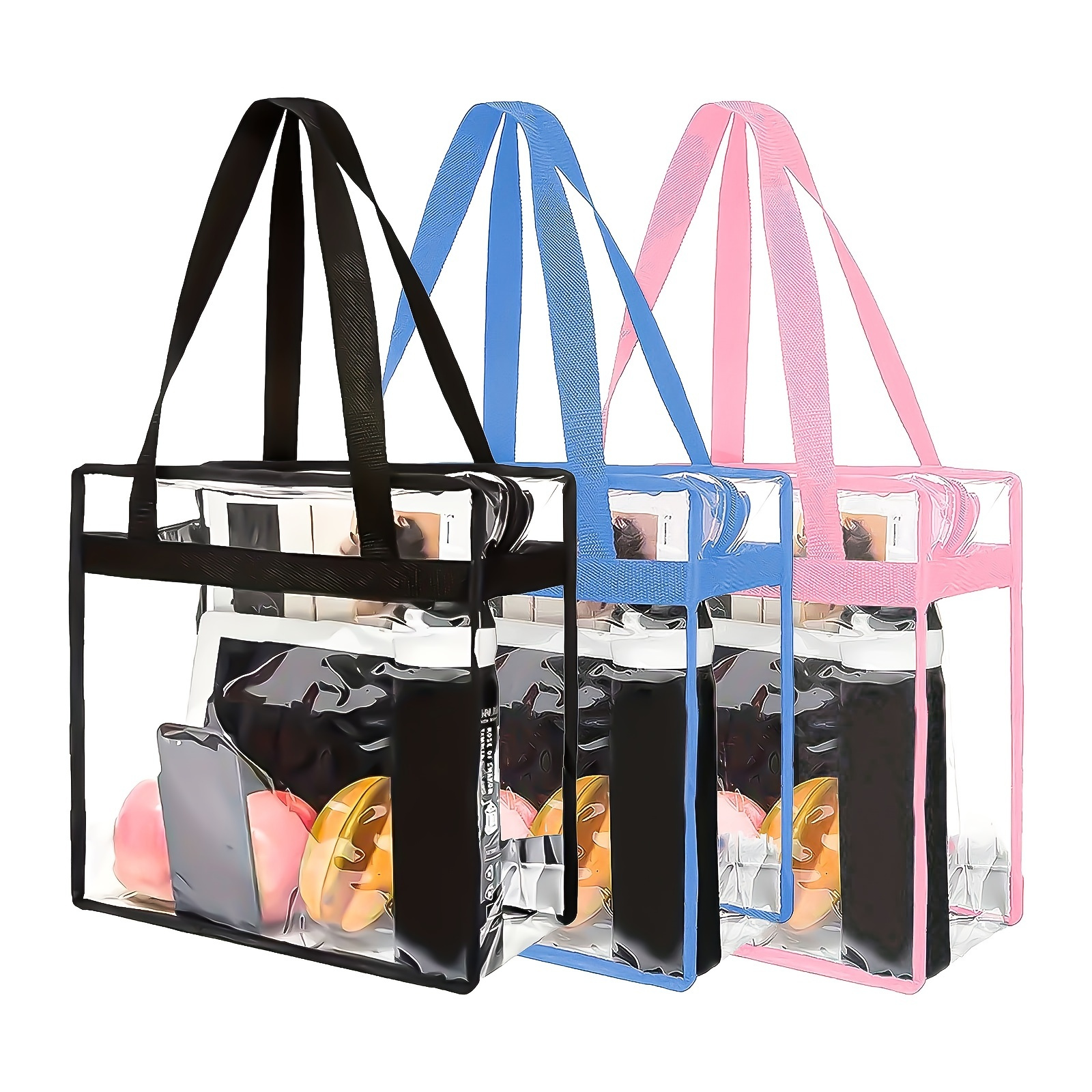 

Transparent Tote Bag With Black/pink/blue Handles, Clear Pvc Shoulder Bag, Zippered Closure, Simple Style Handbag For Work, Travel & Daily Use