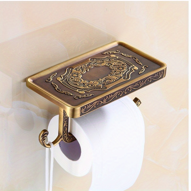 

Antique Brass Roll Tissue Holder With Shelf – Elegant Wall-hanging Vintage Toilet Paper Dispenser With Self-adhesive Mount – Bathroom Accessories