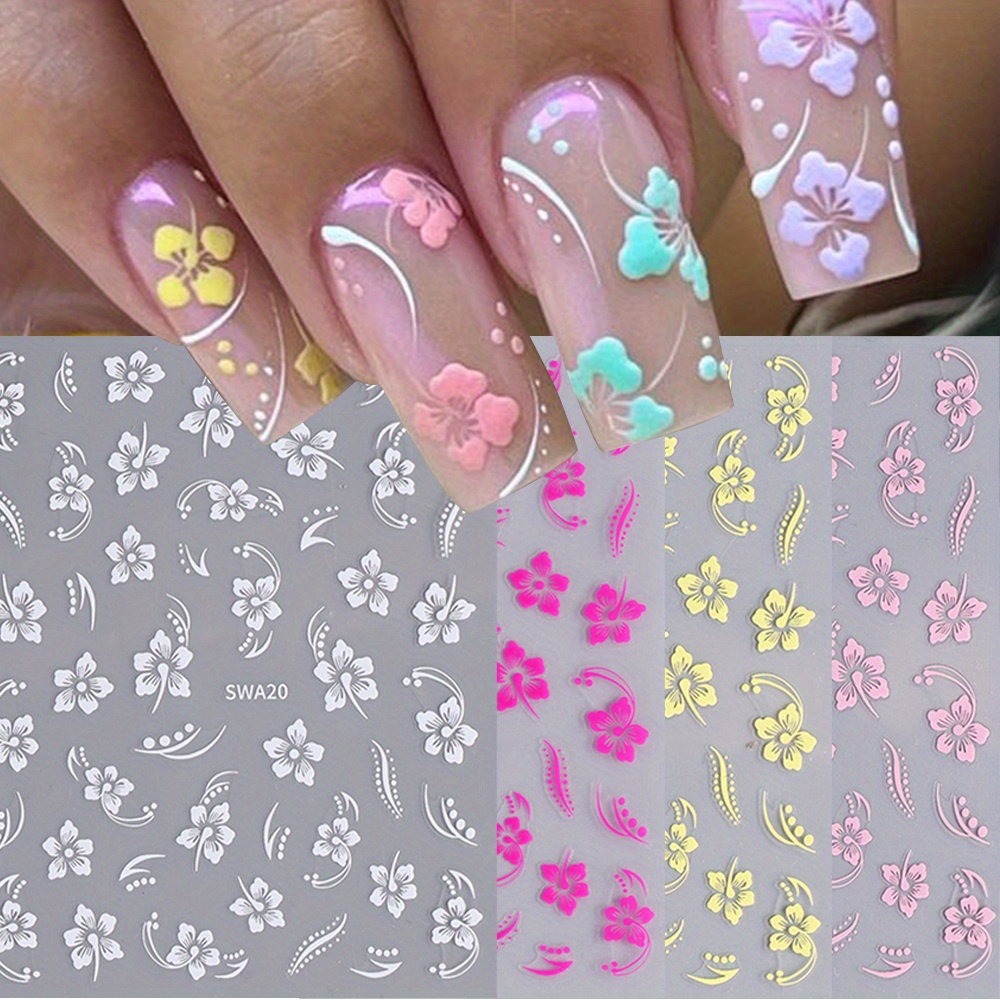 

4pcs Summer Floral Nail Art Stickers - Self-adhesive, Sparkle Finish In White, Pink, Yellow & Hot Pink - Easy Apply 3d Decals For Diy Manicure Nail Stickers For Nail Art Flower Nail Stickers