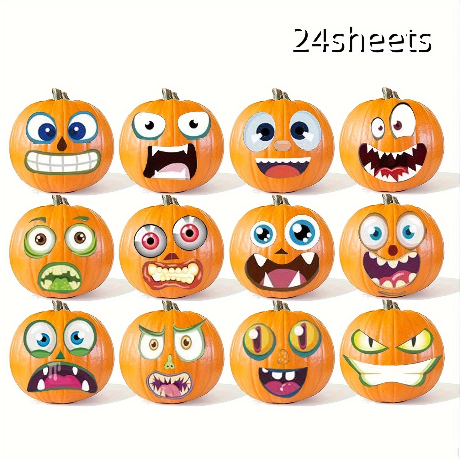 

24-pack Pumpkin Decorating Stickers - Plastic Face Craft Decals For Diy Small Pumpkins, Monster-themed Party Favors & Treat Supplies, No Feathers, Electricity-free Holiday Décor