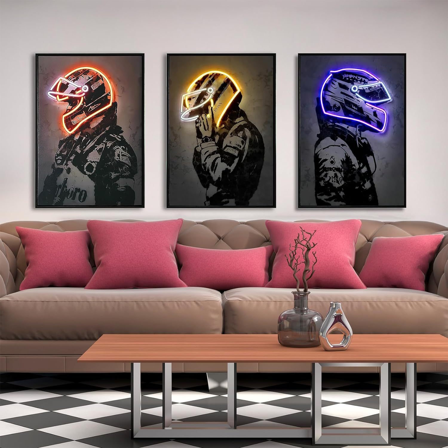 

Racing Superstar Wall Decor Canvas Prints- 3pcs Set Sports Painting Art Decor, Neon Racing Driver And Motorcycle Wall Art For Bedroom Living Room Home Decor, Wrap Framed (colorful, 16x24)