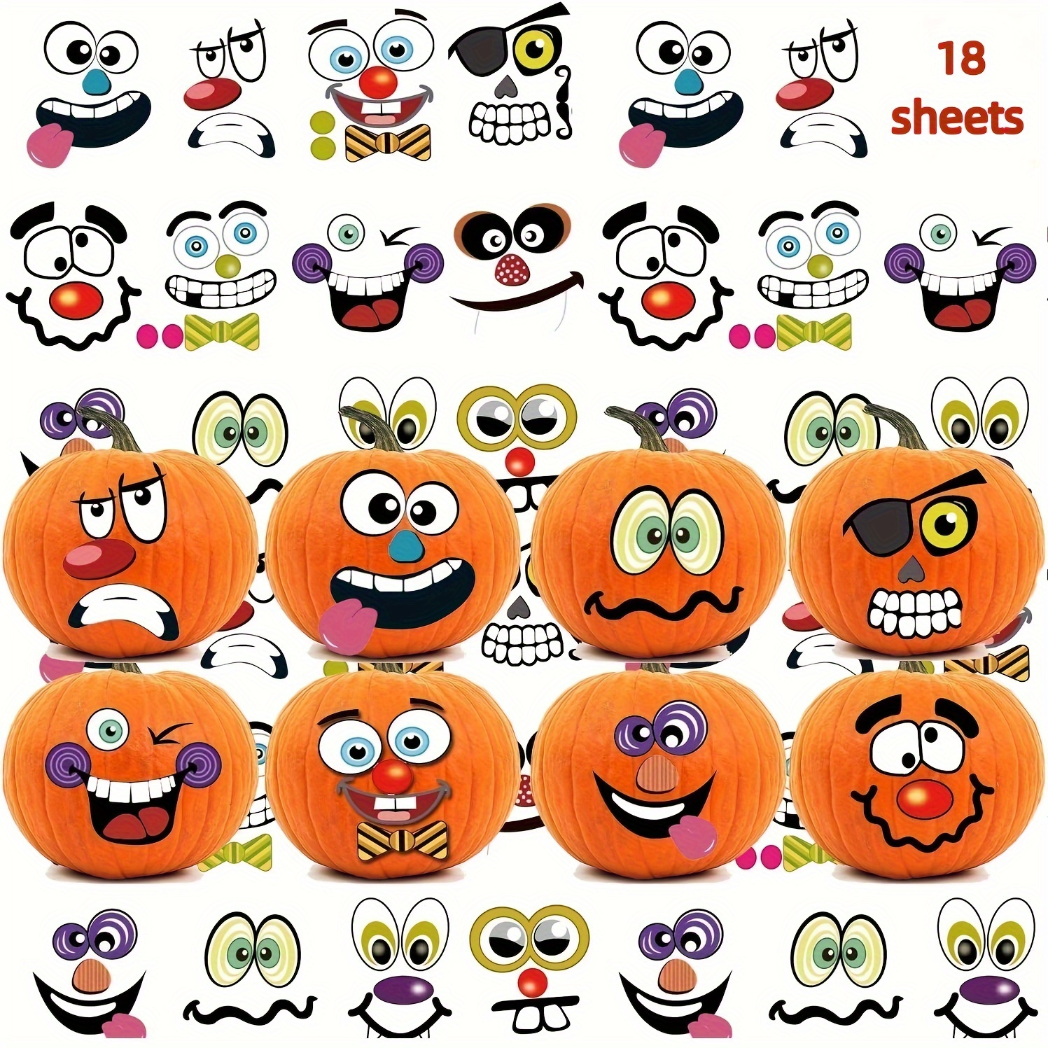 

Halloween Pumpkin Face Stickers - 18 Sheets With 12 Unique Designs For Parties & Treat Bags, Perfect For Decorating And Fun Crafting