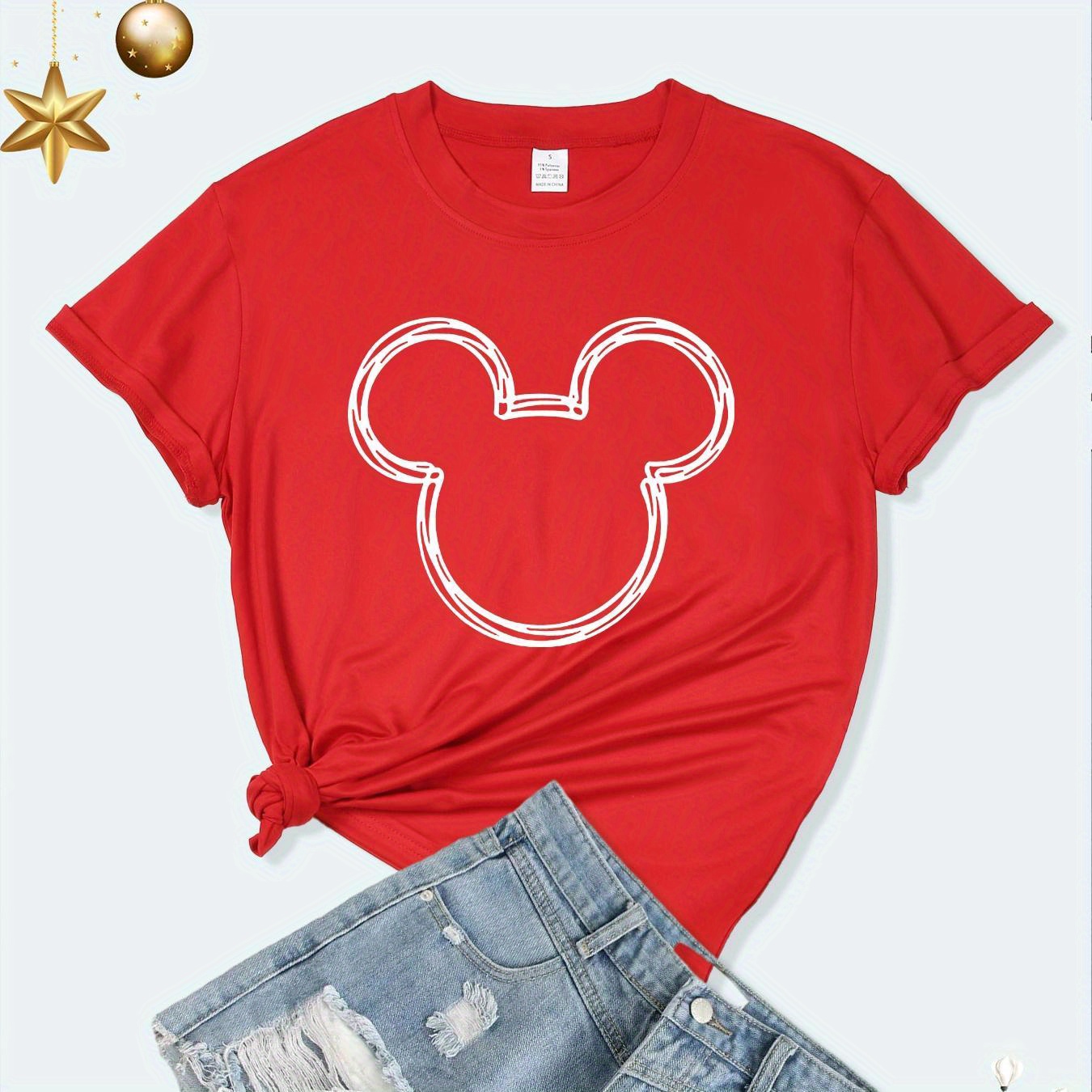 

Cartoon Mouse Print Comfy T-shirt, Round Neck Short Sleeve Sports Tee, Women's Activewear